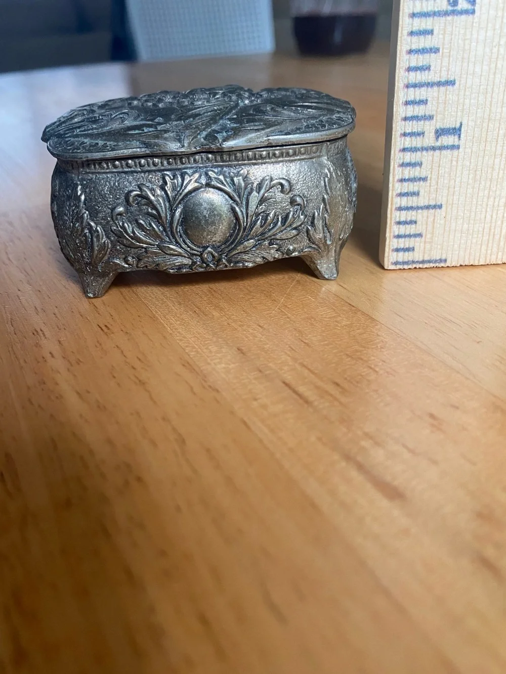 Vintage Ornate Silver-Tone Decorative Jewelry & Trinket Box with Red lining